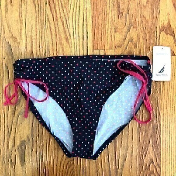 NEW NWT NAUTICA Navy Blue White Red Polka Dot USA Bow Tie Side Bikini BOTTOM 12 - Picture 1 of 10